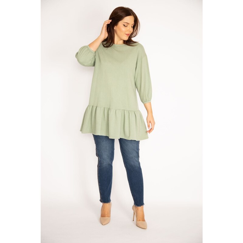 Şans Women's Plus Size Green Capri Sleeve Tunic