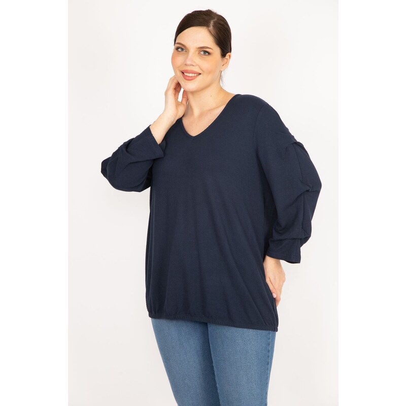 Şans Women's Navy Blue Large Size Sleeve Detailed Tunic with Elastic Hem