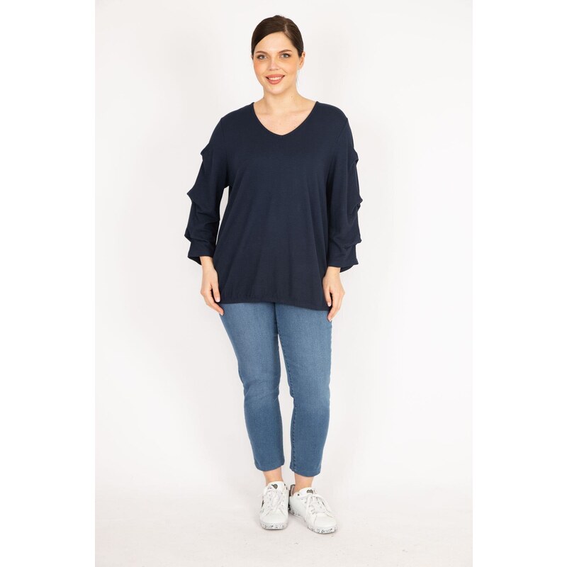 Şans Women's Navy Blue Large Size Sleeve Detailed Tunic with Elastic Hem