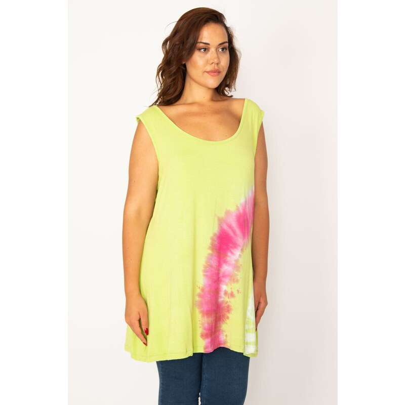 Şans Women's Plus Size Green Tie Dye Patterned Tunic