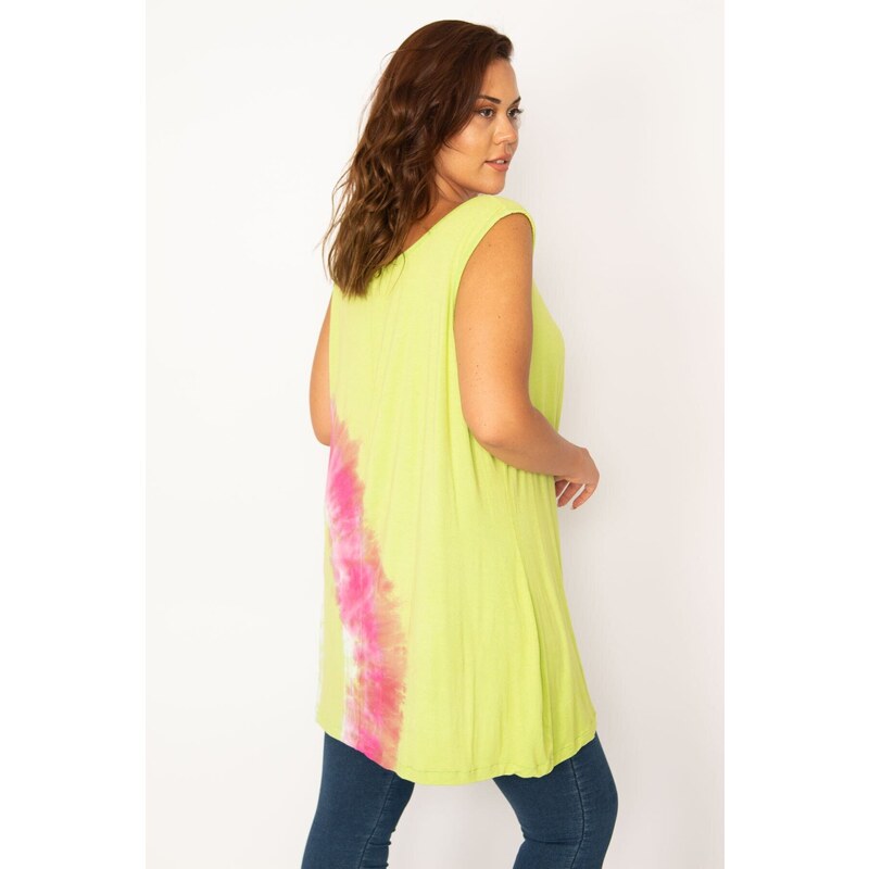 Şans Women's Plus Size Green Tie Dye Patterned Tunic