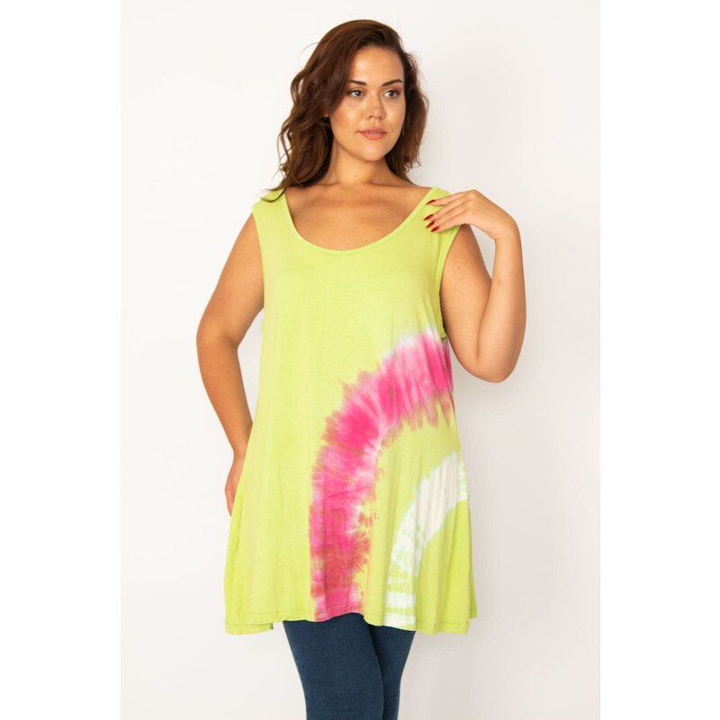 Şans Women's Plus Size Green Tie Dye Patterned Tunic