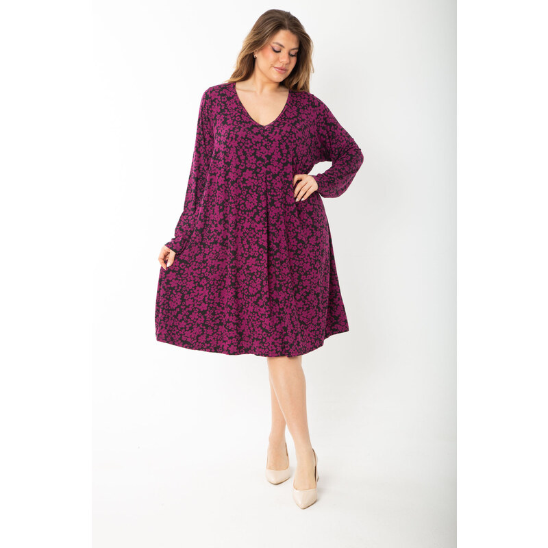 Şans Women's Plus Size Damson Front A Pleated V-Neck Long Sleeve Tunic Dress