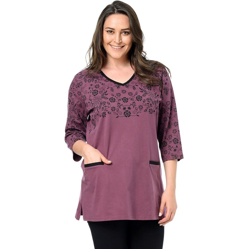 Şans Women's Plum Plus Size Cotton Fabric Pocket Detailed Tunic