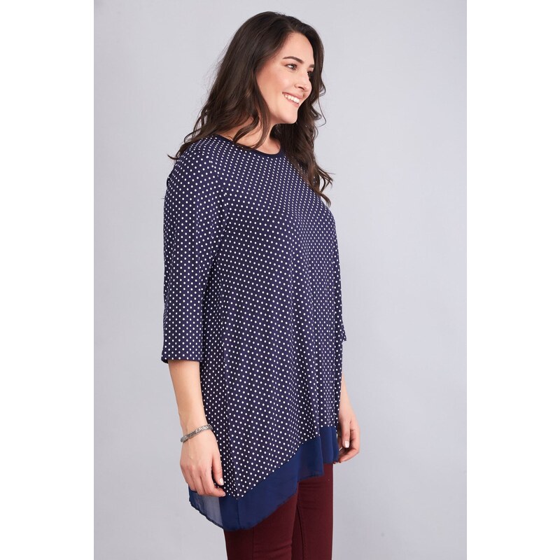 Şans Women's Plus Size Navy Blue Polka Dot Pattern Chiffon Detailed Tunic