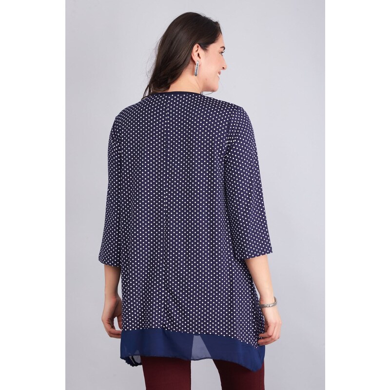 Şans Women's Plus Size Navy Blue Polka Dot Pattern Chiffon Detailed Tunic