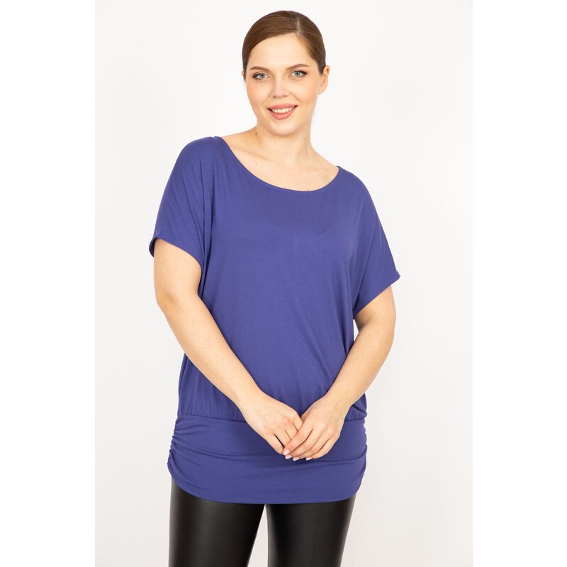 Şans Women's Indigo Plus Size Crew Neck Banded Hem Tunic