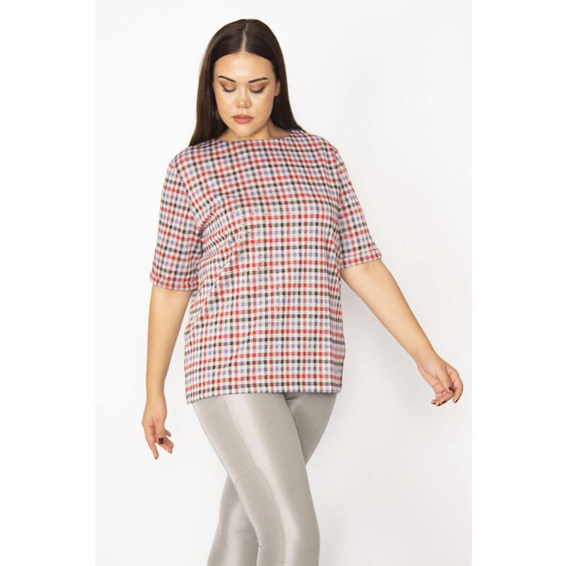 Şans Women's Plus Size Red Check Patterned Double Sleeve Tunic with Stones