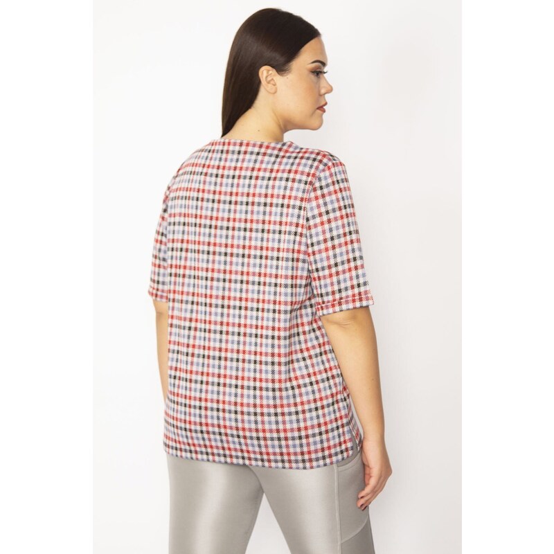 Şans Women's Plus Size Red Check Patterned Double Sleeve Tunic with Stones