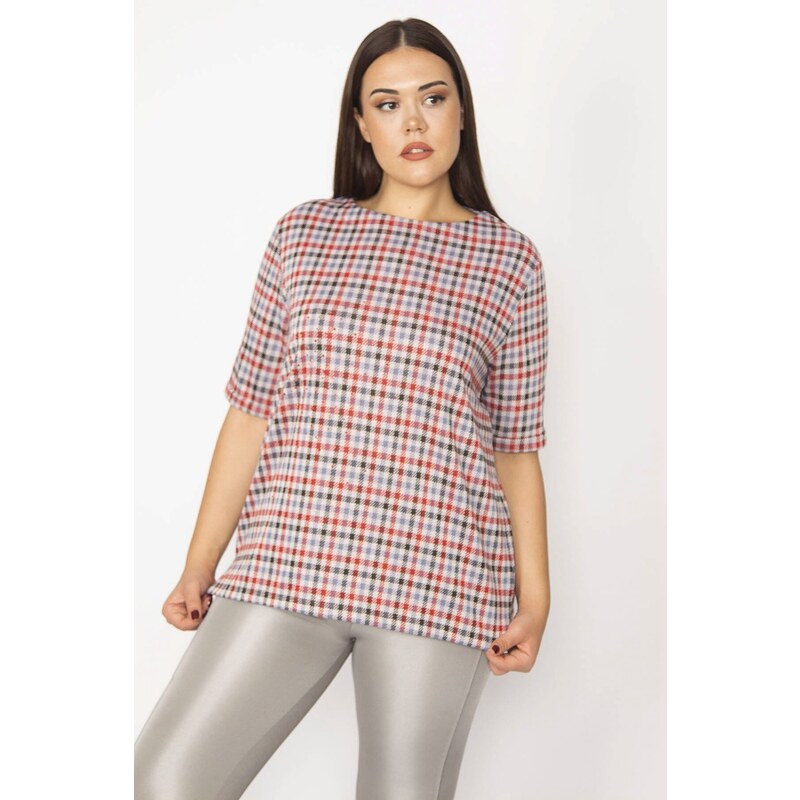 Şans Women's Plus Size Red Check Patterned Double Sleeve Tunic with Stones