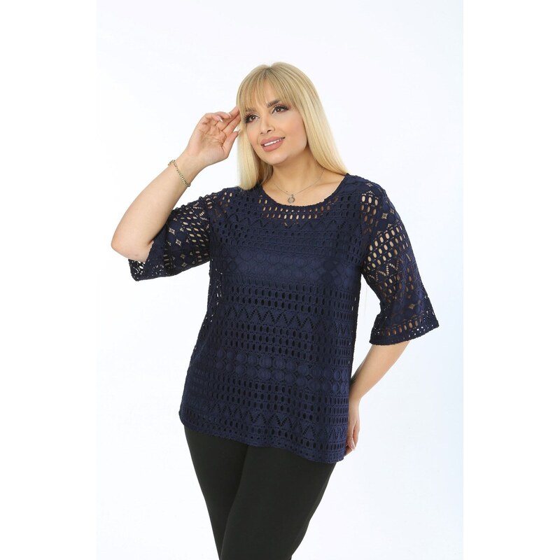 Şans Women's Plus Size Navy Blue Lined Lace Tunic