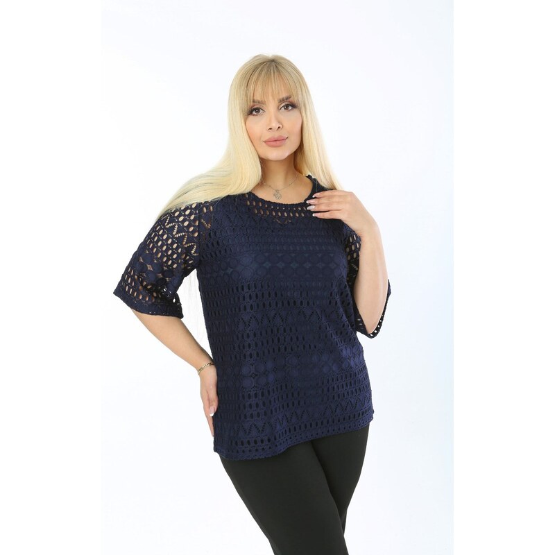 Şans Women's Plus Size Navy Blue Lined Lace Tunic