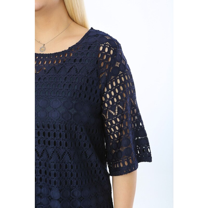 Şans Women's Plus Size Navy Blue Lined Lace Tunic