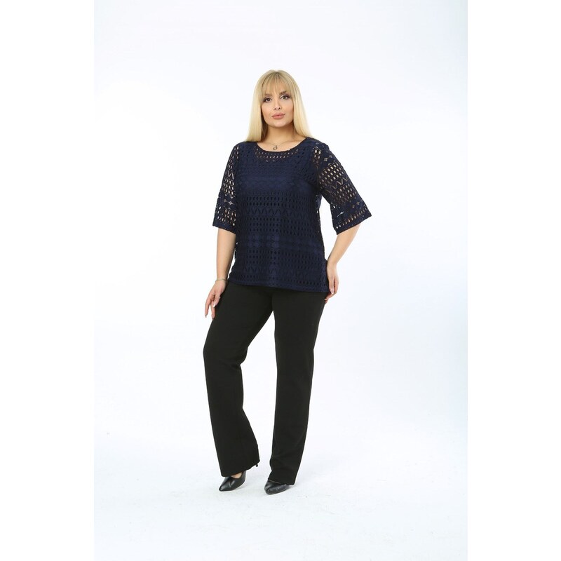 Şans Women's Plus Size Navy Blue Lined Lace Tunic