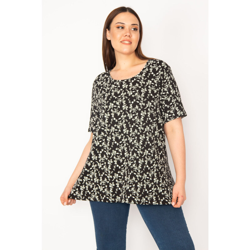 Şans Women's Plus Size Black Cotton Fabric Crew Neck Floral Pattern Tunic