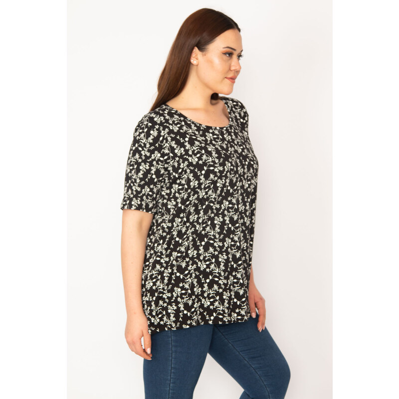 Şans Women's Plus Size Black Cotton Fabric Crew Neck Floral Pattern Tunic