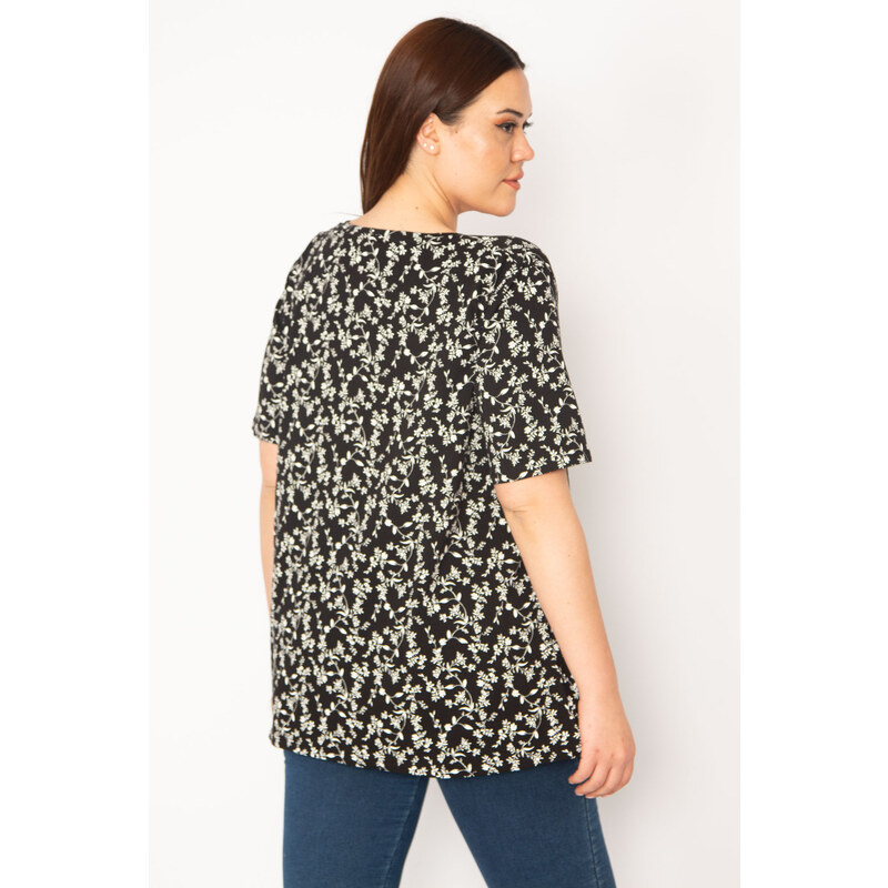 Şans Women's Plus Size Black Cotton Fabric Crew Neck Floral Pattern Tunic