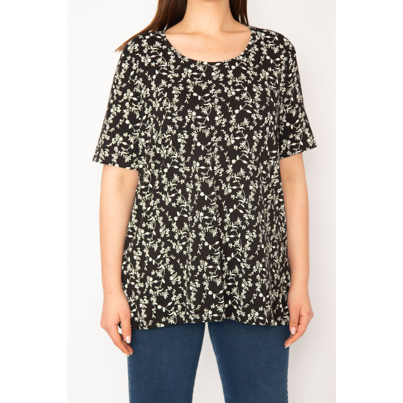 Şans Women's Plus Size Black Cotton Fabric Crew Neck Floral Pattern Tunic