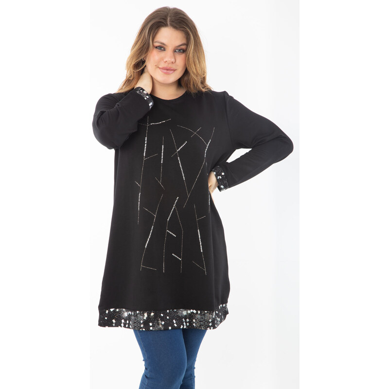 Şans Women's Plus Size Black Hem and Cuff Lame Printed Stone Detailed Tunic