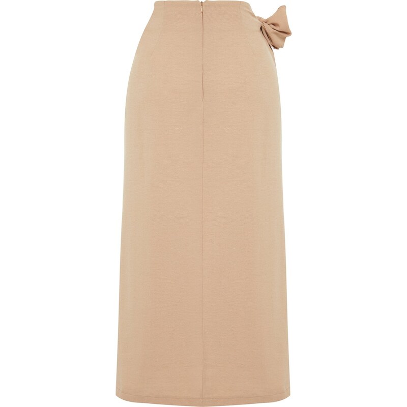 Trendyol Camel Double Breasted Tie Detailed Woven Linen Look Skirt