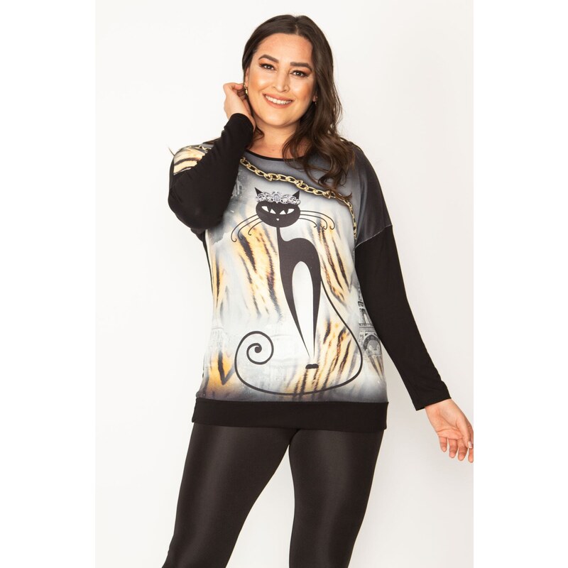 Şans Women's Plus Size Two-tone Tunic with a Black Cat Figure Print and Stone Detail