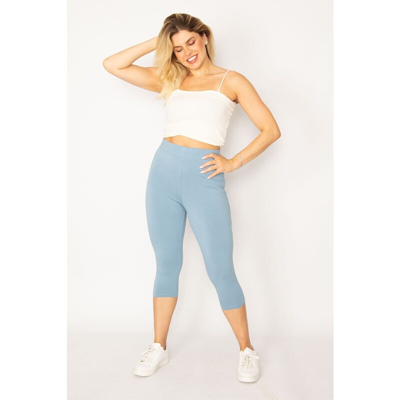 Şans Women's Plus Size Baby Blue Cotton Leggings Capri