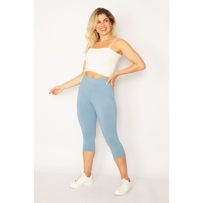 Şans Women's Plus Size Baby Blue Cotton Leggings Capri