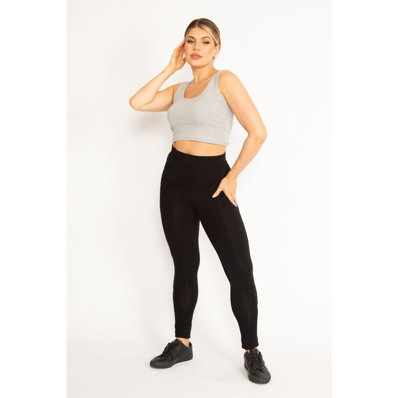 Şans Women's Plus Size Black Viscose Leggings With Tulle Detail