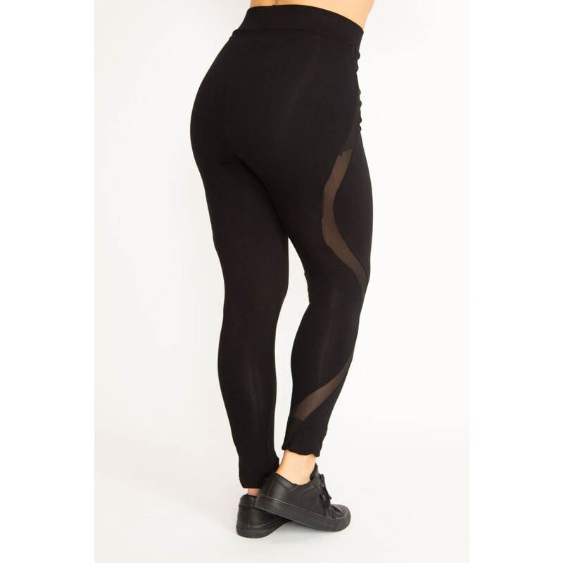 Şans Women's Plus Size Black Viscose Leggings With Tulle Detail