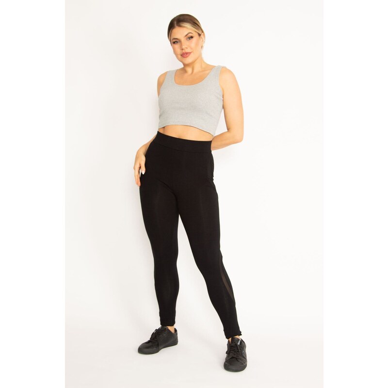 Şans Women's Plus Size Black Viscose Leggings With Tulle Detail