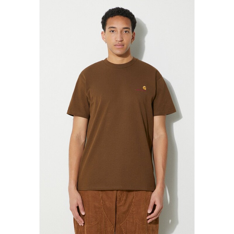 Bavlněné tričko Carhartt WIP S/S American Script T-Shirt hnědá barva, s aplikací, I029956.1ZDXX