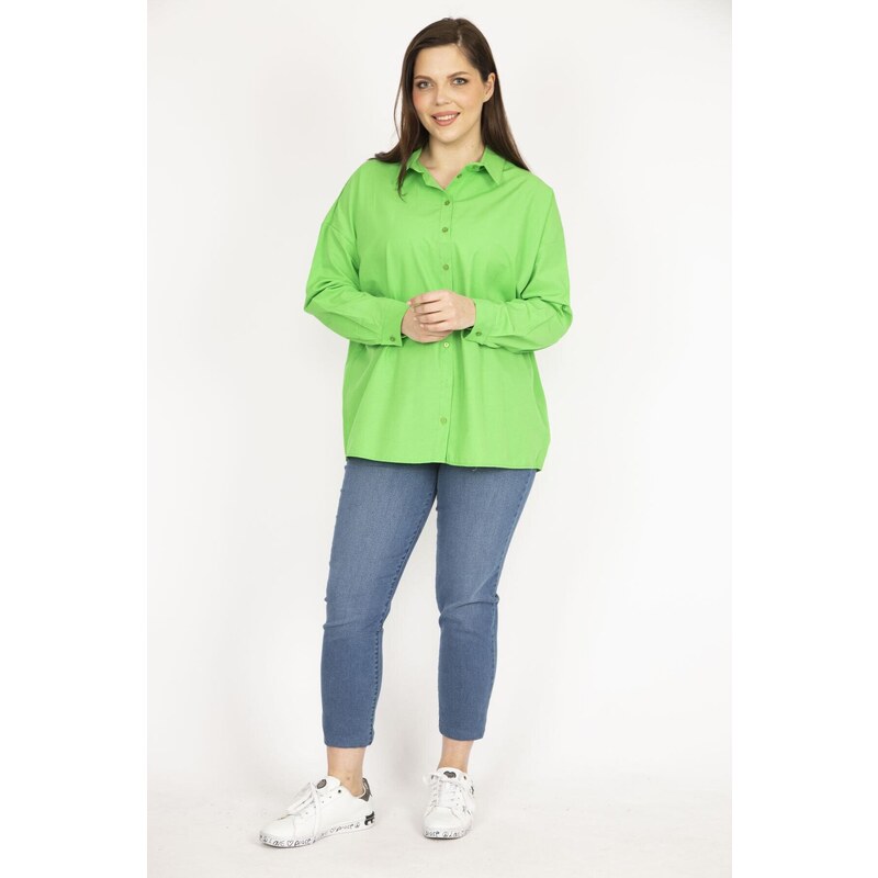 Şans Women's Green Large Size Front Buttoned Back Detail Shirt