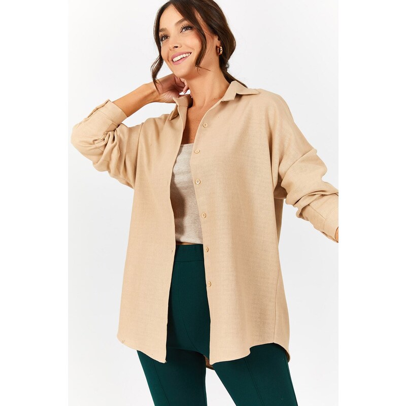 armonika Women's Beige Oversize Long Basic Shirt