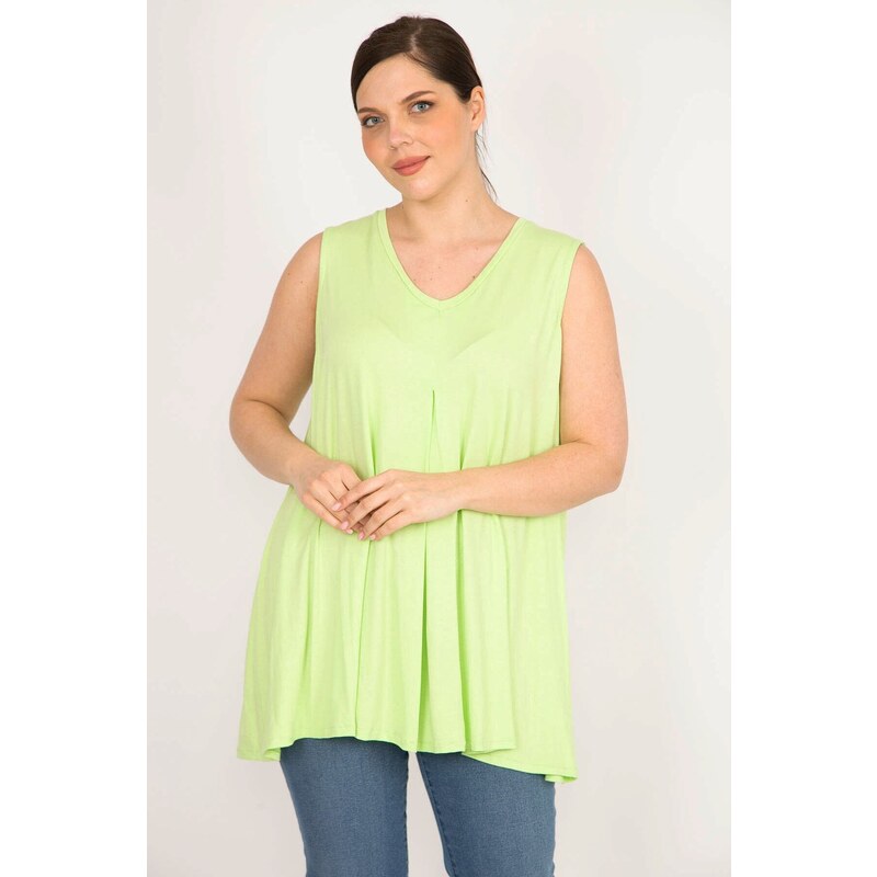 Şans Women's Green Plus Size Front A Pleated V-Neck Sleeveless Tunic