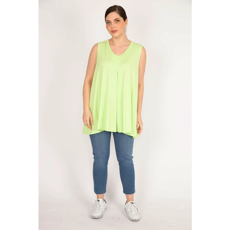 Şans Women's Green Plus Size Front A Pleated V-Neck Sleeveless Tunic