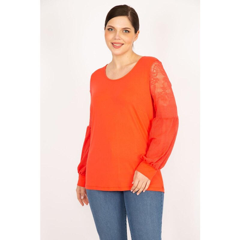 Şans Women's Pomegranate Plus Size Sleeves Tulle Lace Detailed Tunic