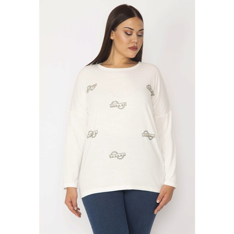 Şans Women's Plus Size Tunic With Bone Stones And Print Detail