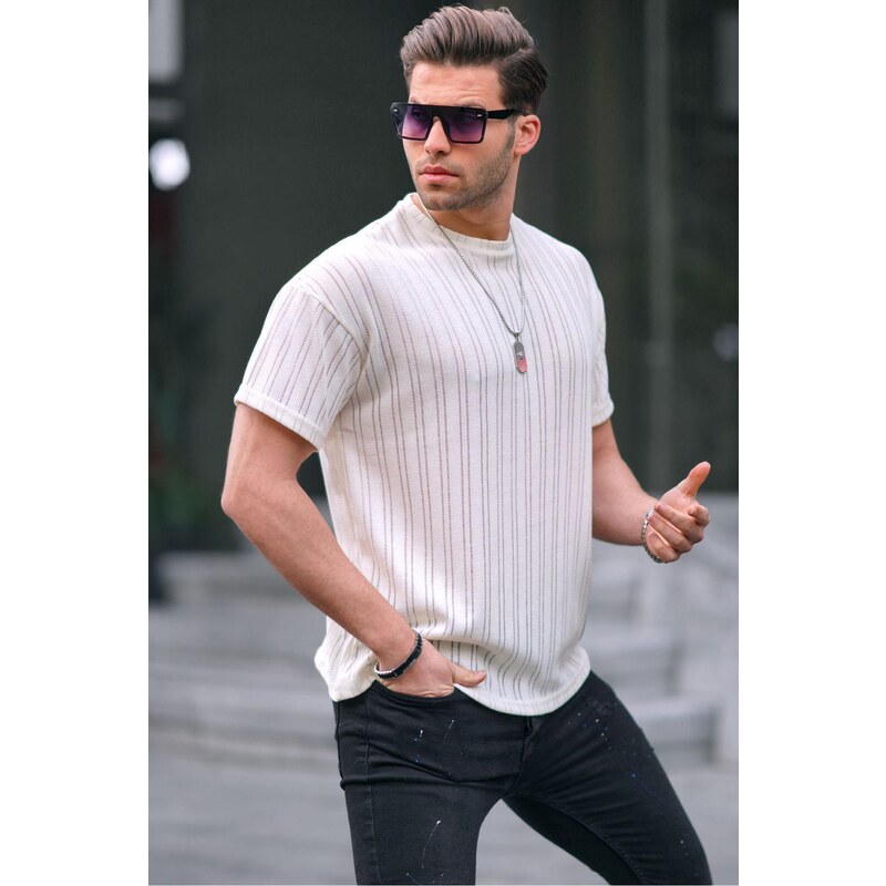 Madmext Ecru Oversize Crew Neck Men's T-Shirt 6179