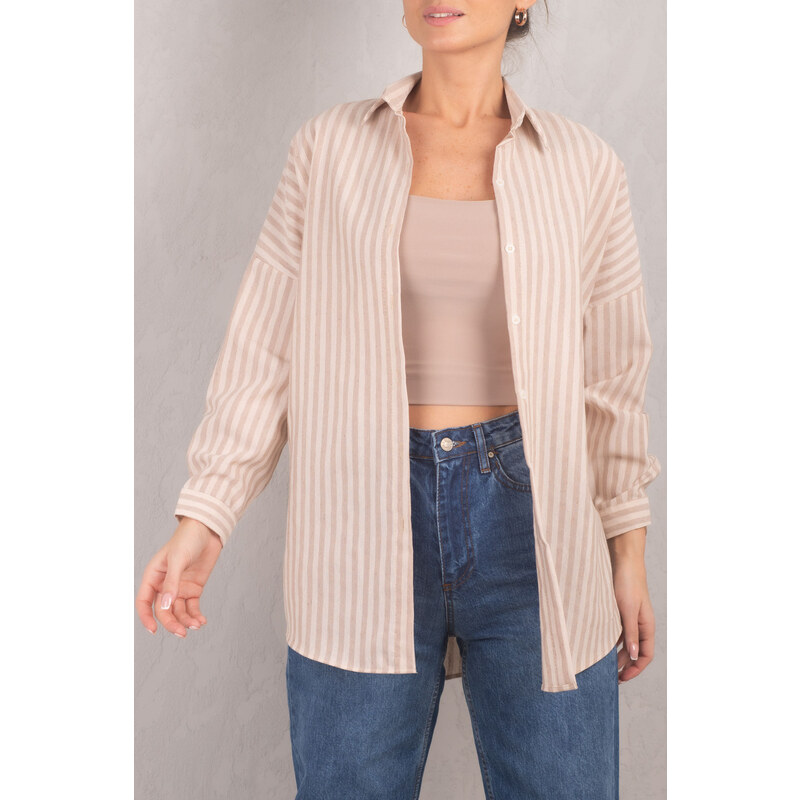 armonika Women's Mink Striped Oversize Long Basic Shirt