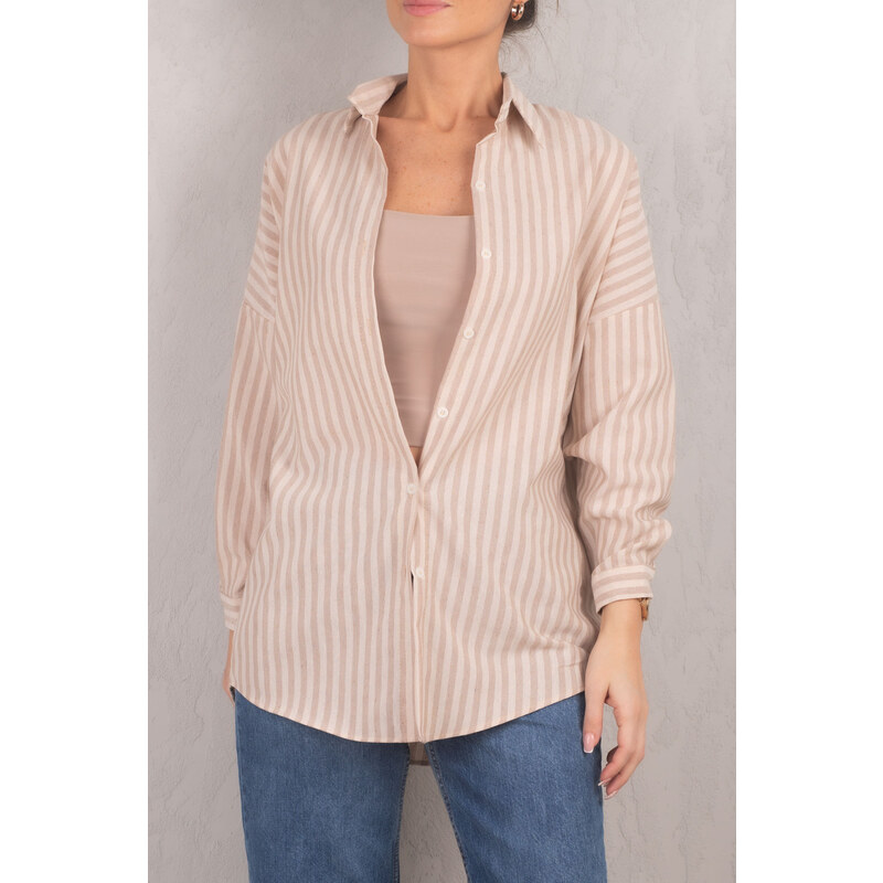 armonika Women's Mink Striped Oversize Long Basic Shirt