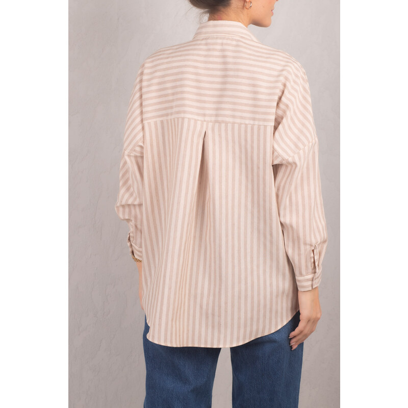 armonika Women's Mink Striped Oversize Long Basic Shirt
