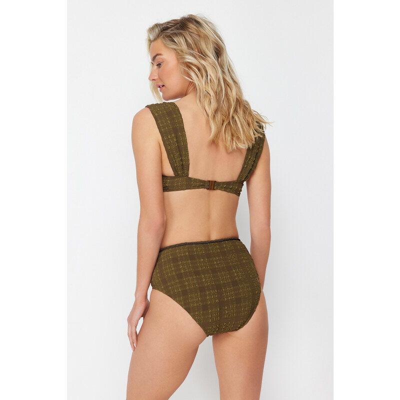 Trendyol Khaki Gingham Textured Accessory Textured High Waist Regular Bikini Bottom