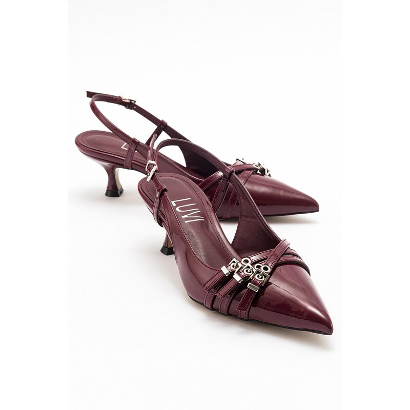 LuviShoes WOSS Burgundy Patent Leather Belt Detail Womens Heeled Shoes 89825632