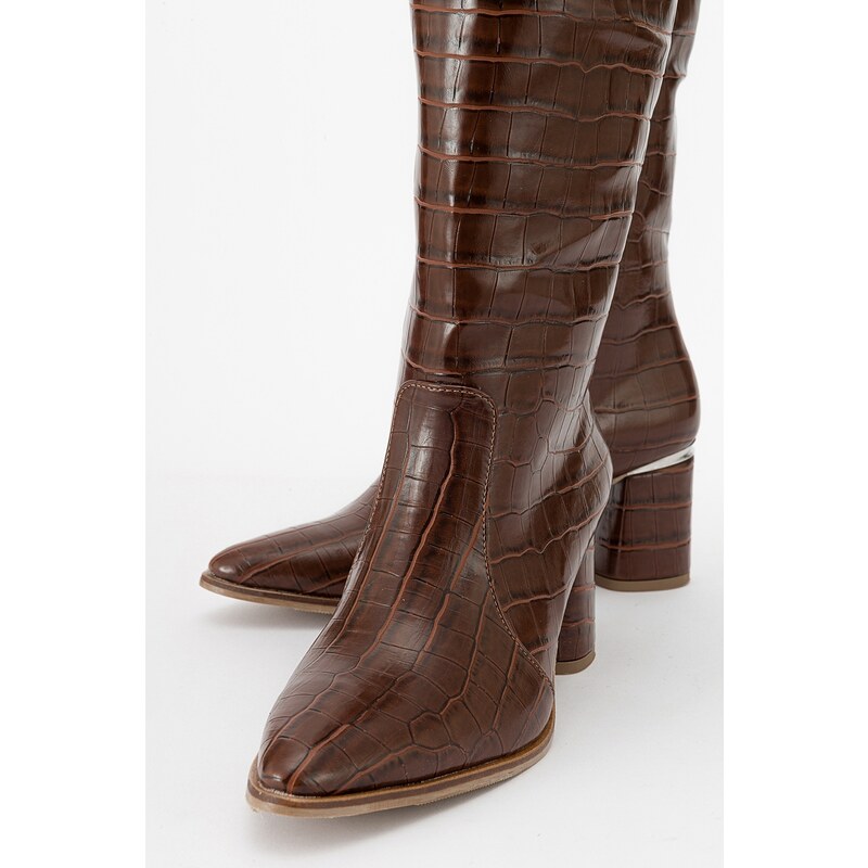 LuviShoes BELIS Women's Tan Printed Heeled Boots