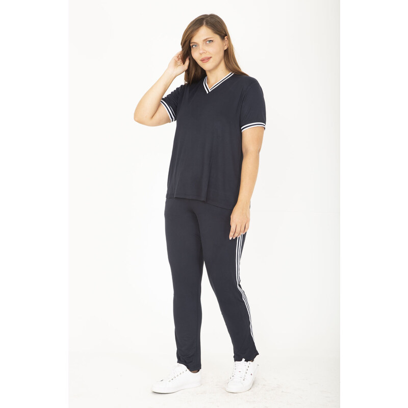 Şans Women's Plus Size Navy Blue Ribanall Short-Sleeved Blouse, Pants, Tracksuit Suit