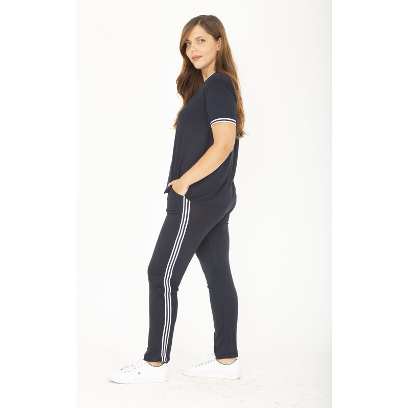 Şans Women's Plus Size Navy Blue Ribanall Short-Sleeved Blouse, Pants, Tracksuit Suit
