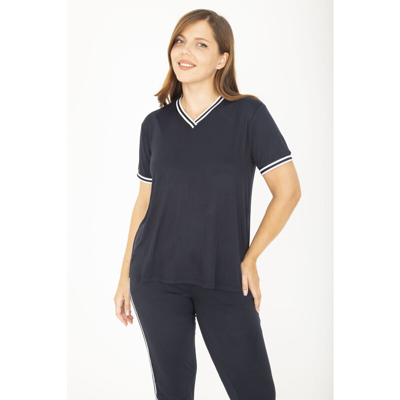 Şans Women's Plus Size Navy Blue Ribanall Short-Sleeved Blouse, Pants, Tracksuit Suit