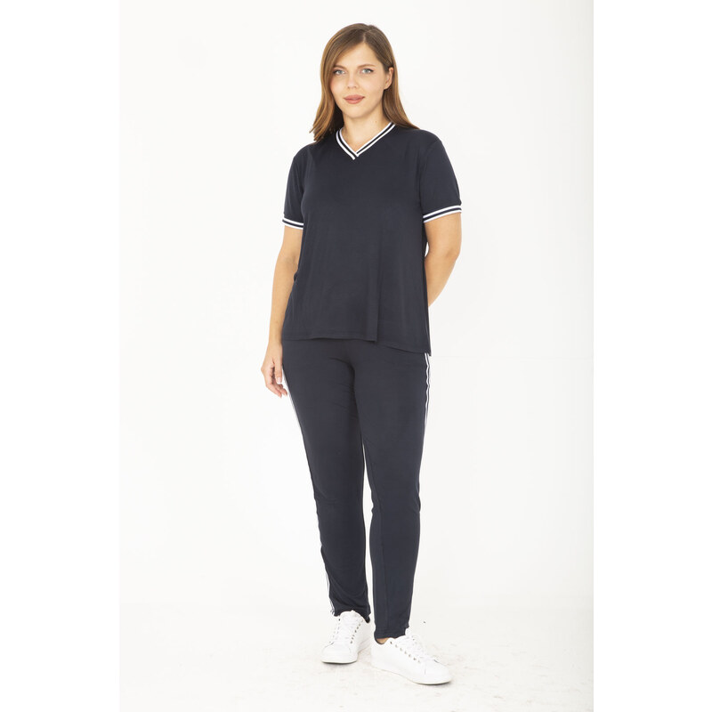 Şans Women's Plus Size Navy Blue Ribanall Short-Sleeved Blouse, Pants, Tracksuit Suit