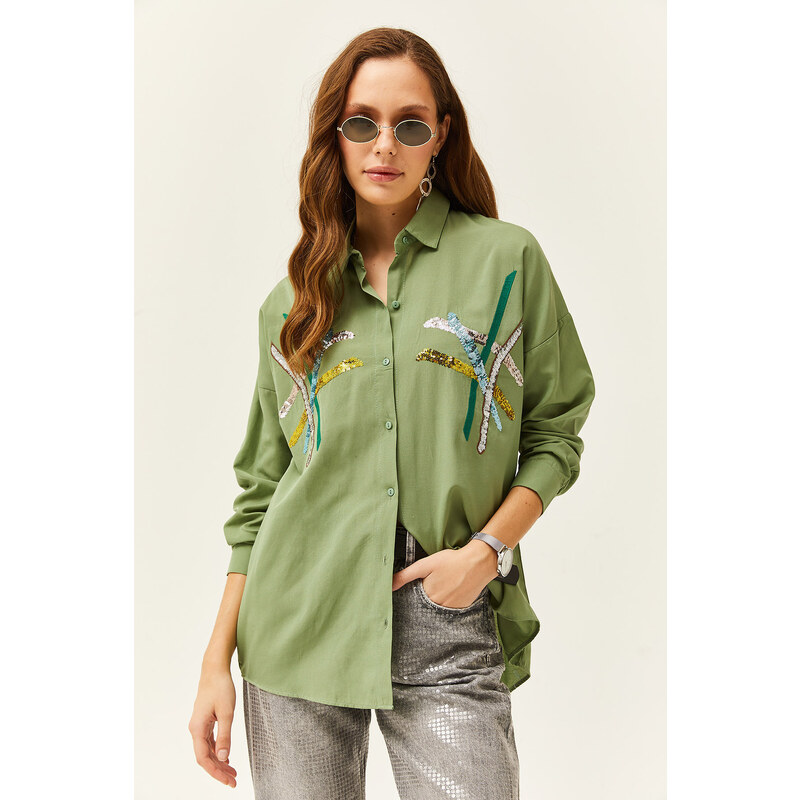 Olalook Women's Mustard Green Color Sequin Stick Woven Shirt