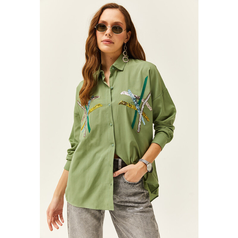 Olalook Women's Mustard Green Color Sequin Stick Woven Shirt